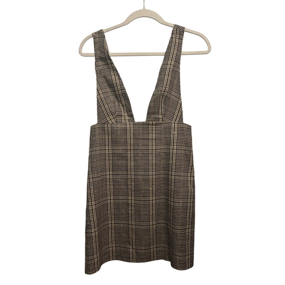 Zara‎ Plaid Jumper Pinafore Dress S Women's Brown Tan Sequin Academia Tweed Top